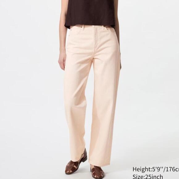 Uniqlo Tall Cotton Wide Straight Leg Jeans Pink Casual Office Workwear Preppy - Picture 1 of 3